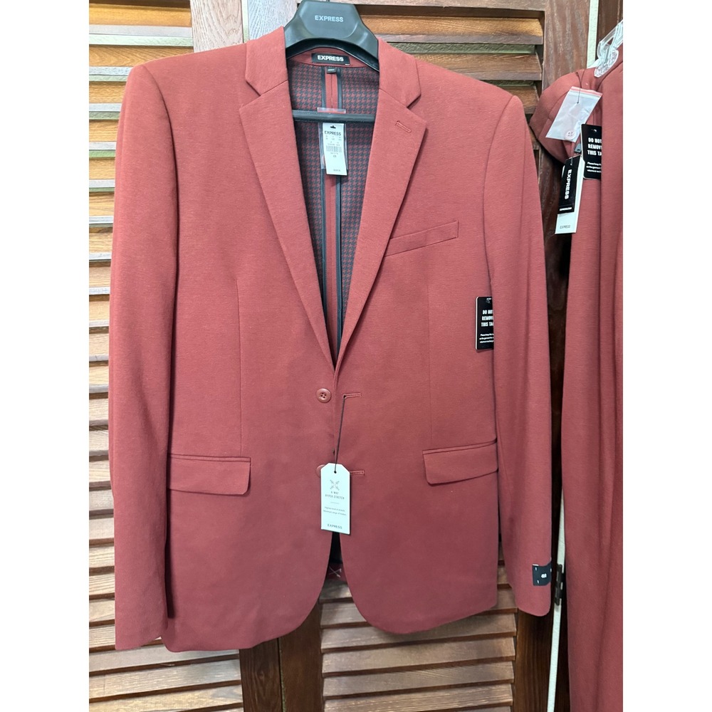Express Mens 4-Way Hyper Stretch Slim Fit Suit Rust Red 40R Jacket 33x30 Pants